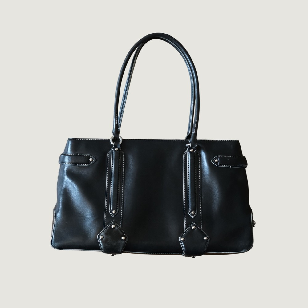 Cole Haan Shoulder Bag Black Leather Contrast Stitch Studded Large Italy Y2K